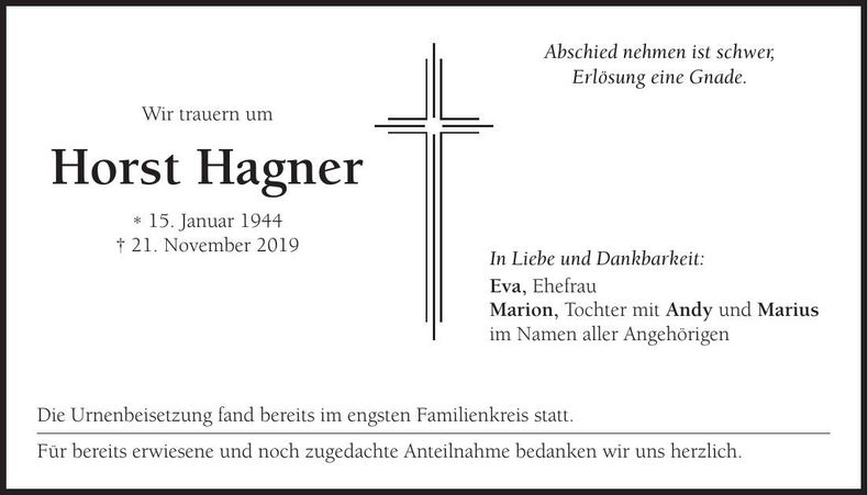 Traueranzeige Horst Hagner