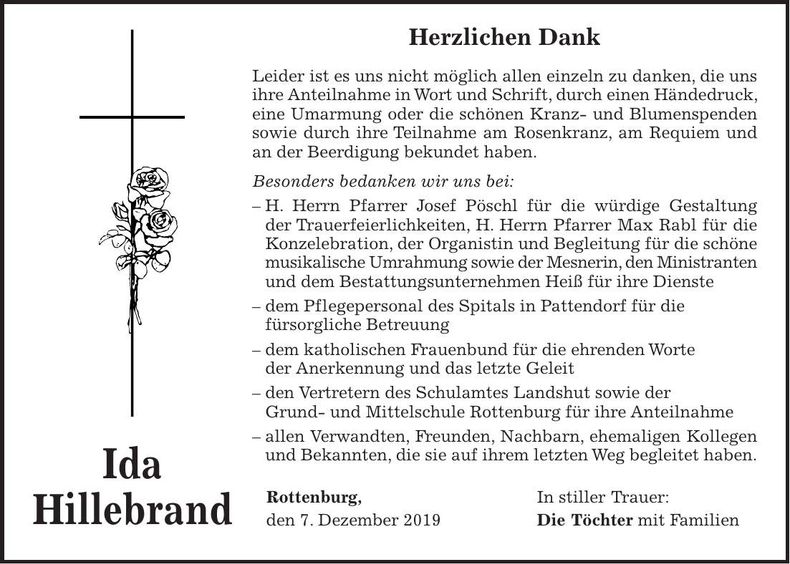 Traueranzeige Ida Hillebrand