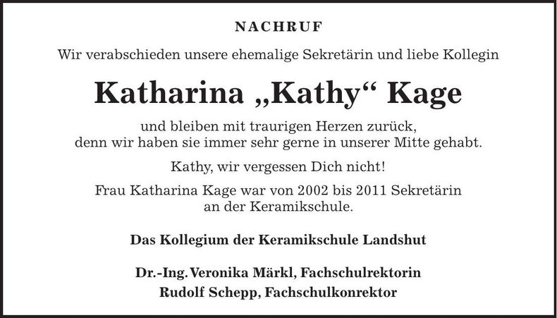 Traueranzeige Katharina Kage