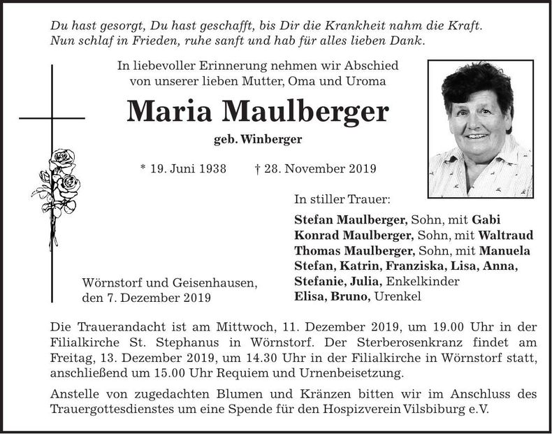 Traueranzeige Maria Maulberger
