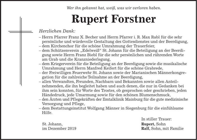 Traueranzeige Rupert Forstner