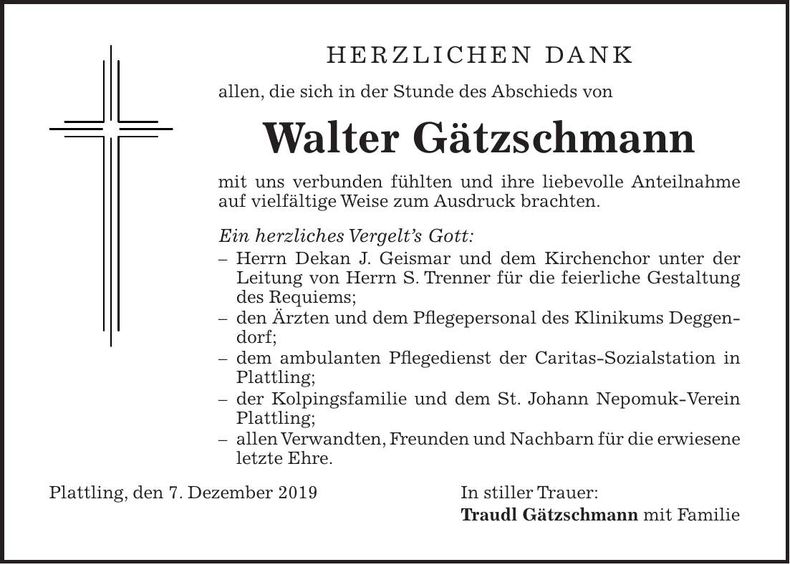 Traueranzeige Walter Gätzschmann
