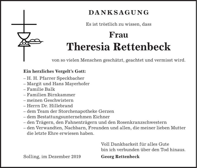 Traueranzeige Theresia Rettenbeck