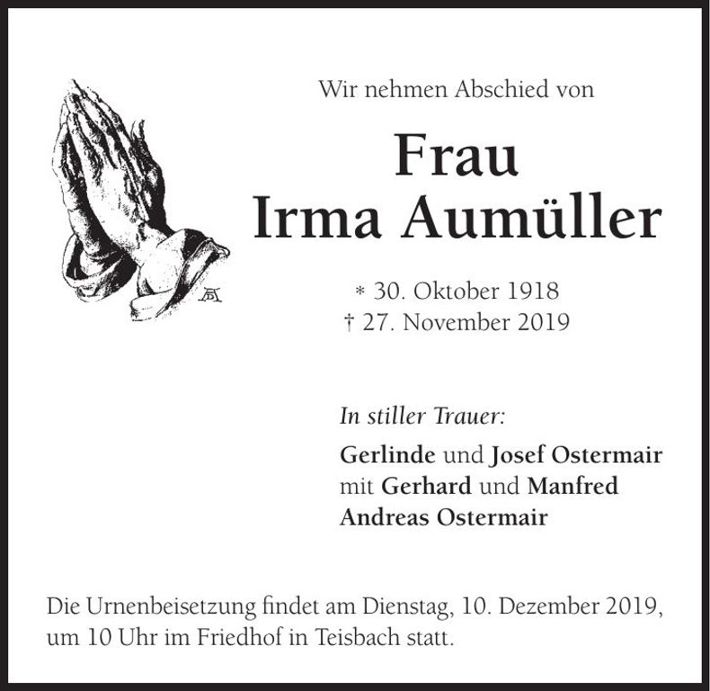 Traueranzeige Irma Aumüller