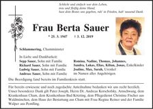 Traueranzeige Berta Sauer