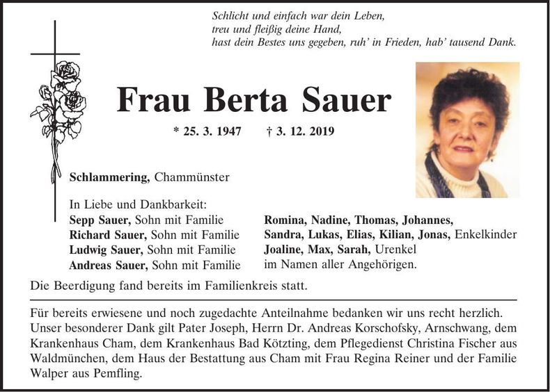 Traueranzeige Berta Sauer