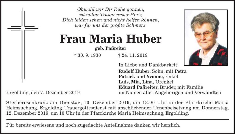 Traueranzeige Maria Huber