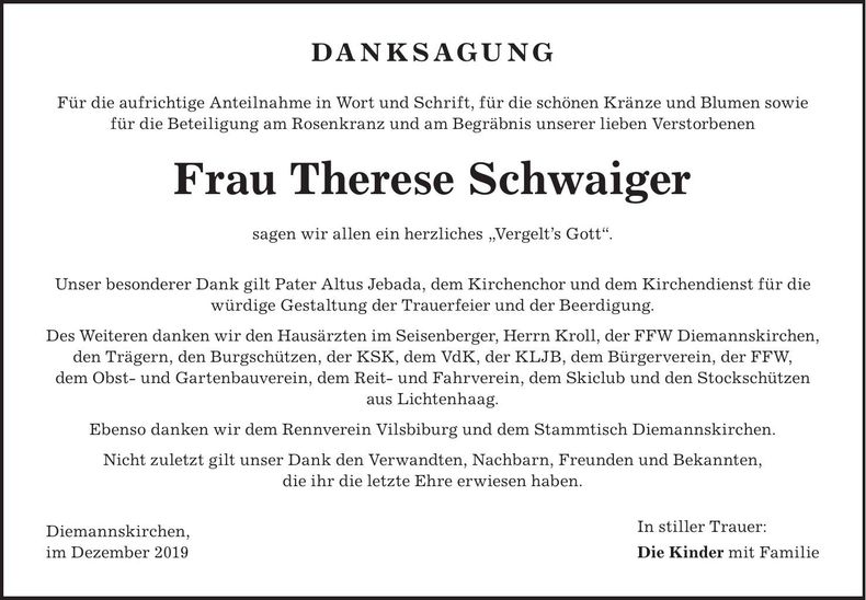 Traueranzeige Schwaiger Therese
