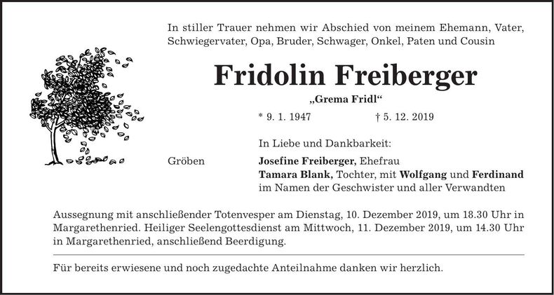 Traueranzeige Fridolin Freiberger