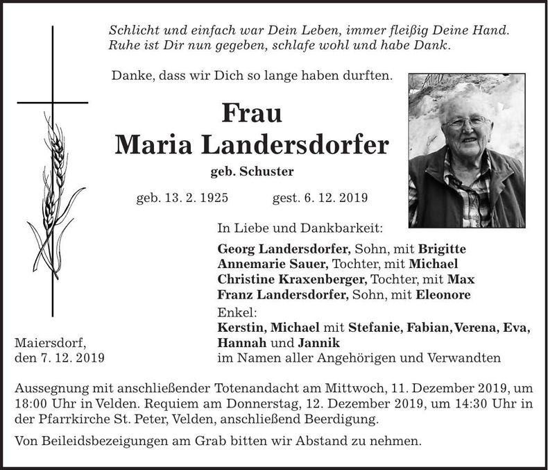 Traueranzeige Maria Landersdorfer