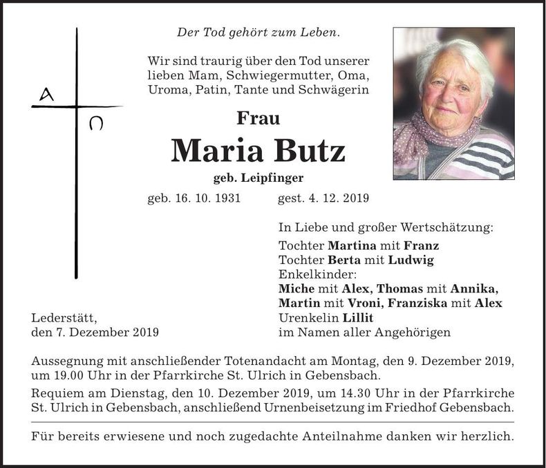 Traueranzeige Maria Butz