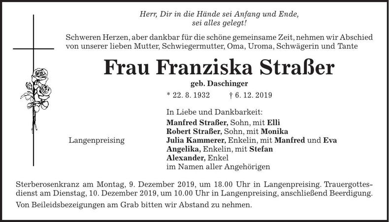 Traueranzeige Franziska Straßer