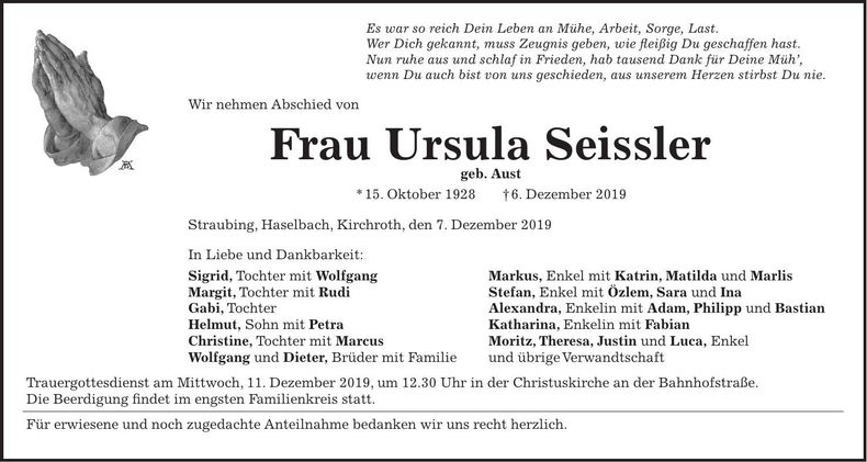 Traueranzeige Ursula Seissler