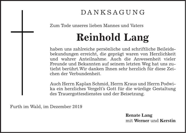 Traueranzeige Reinhold Lang