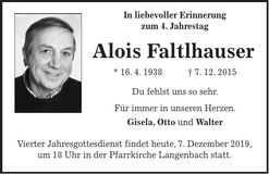 Traueranzeige Alois Faltlhauser