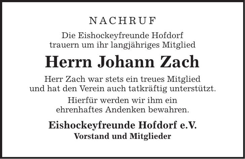 Traueranzeige Johann Zach