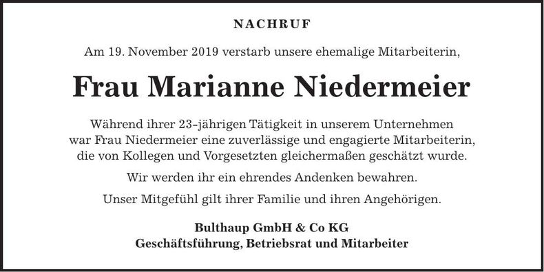 Traueranzeige Marianne Niedermeier