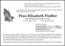Traueranzeige Elisabeth Fiedler