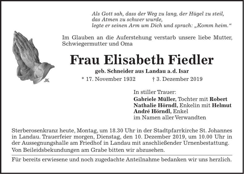 Traueranzeige Elisabeth Fiedler