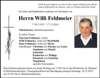 Traueranzeige Willi Feldmeier