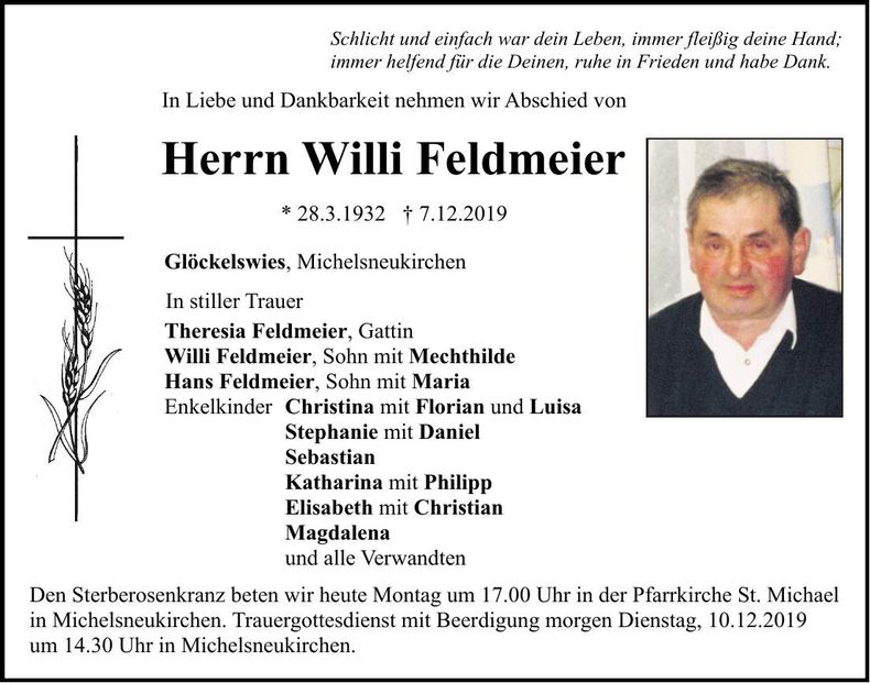 Traueranzeige Willi Feldmeier