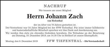 Traueranzeige Johann Zach