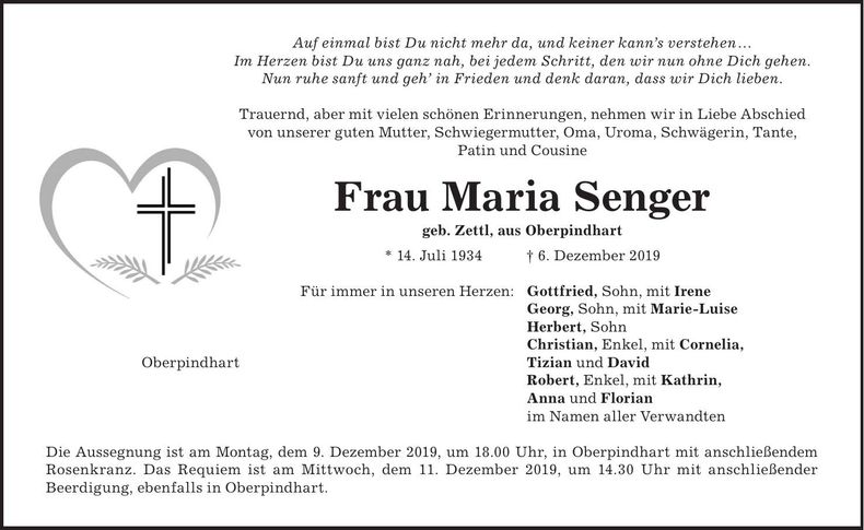 Traueranzeige Maria Senger