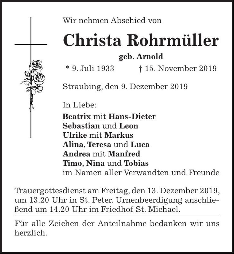 Traueranzeige Christa Rohrmüller
