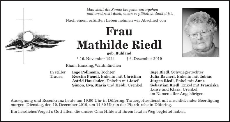 Traueranzeige Mathilde Riedl