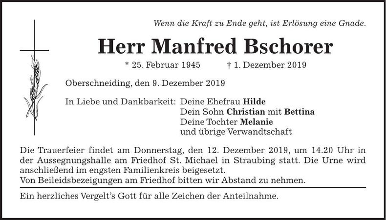 Traueranzeige Manfred Bschorer