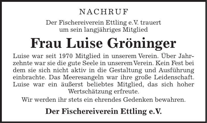 Traueranzeige Luise Gröninger