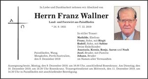 Traueranzeige Franz Wallner