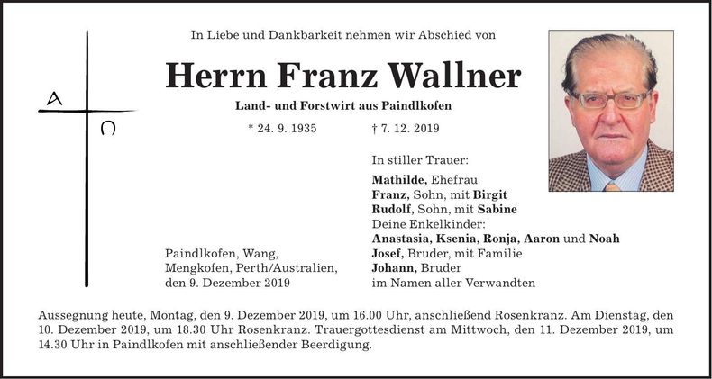 Traueranzeige Franz Wallner