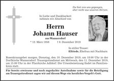Traueranzeige Johann Hauser