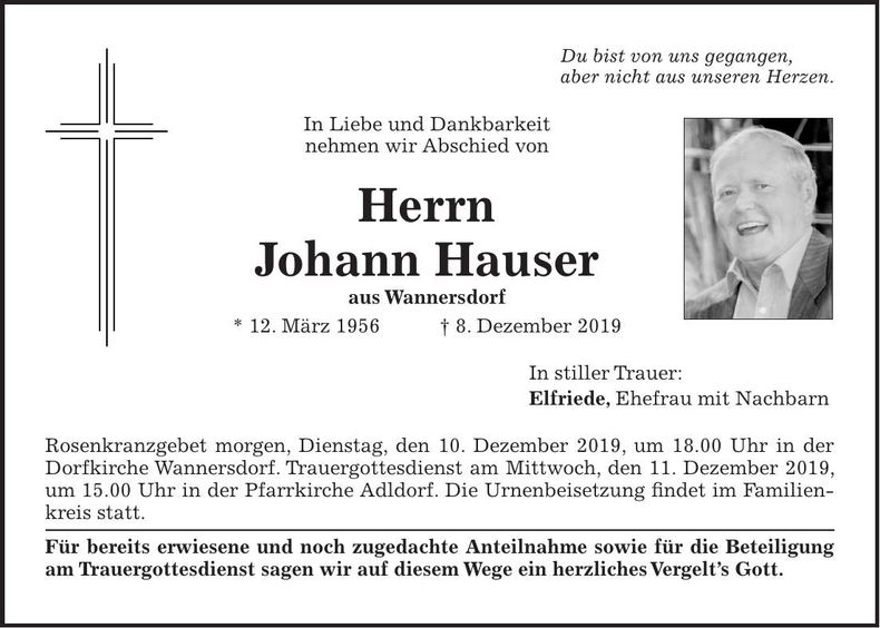 Traueranzeige Johann Hauser