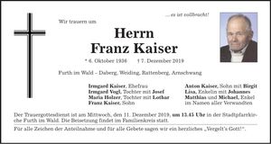 Traueranzeige Franz Kaiser