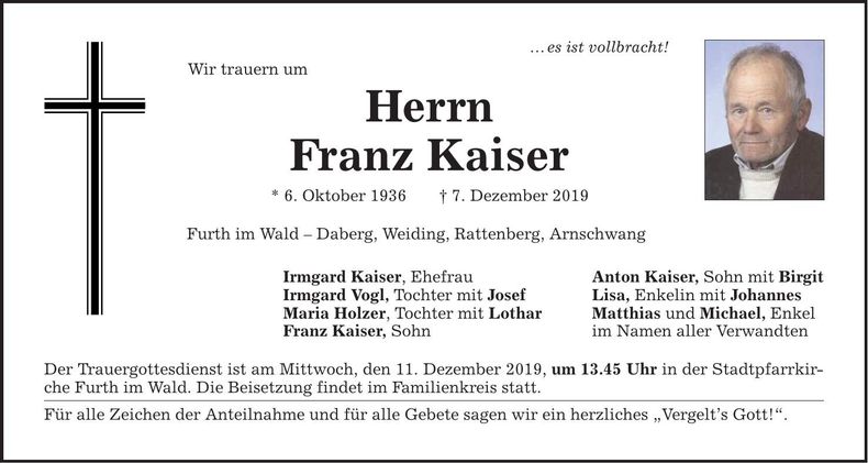 Traueranzeige Franz Kaiser
