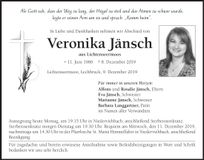 Traueranzeige Veronika Jänsch