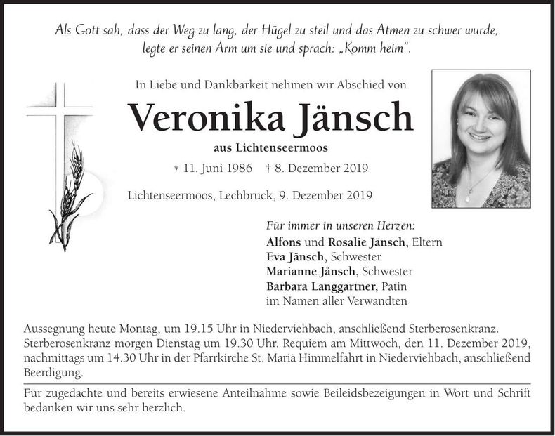 Traueranzeige Veronika Jänsch