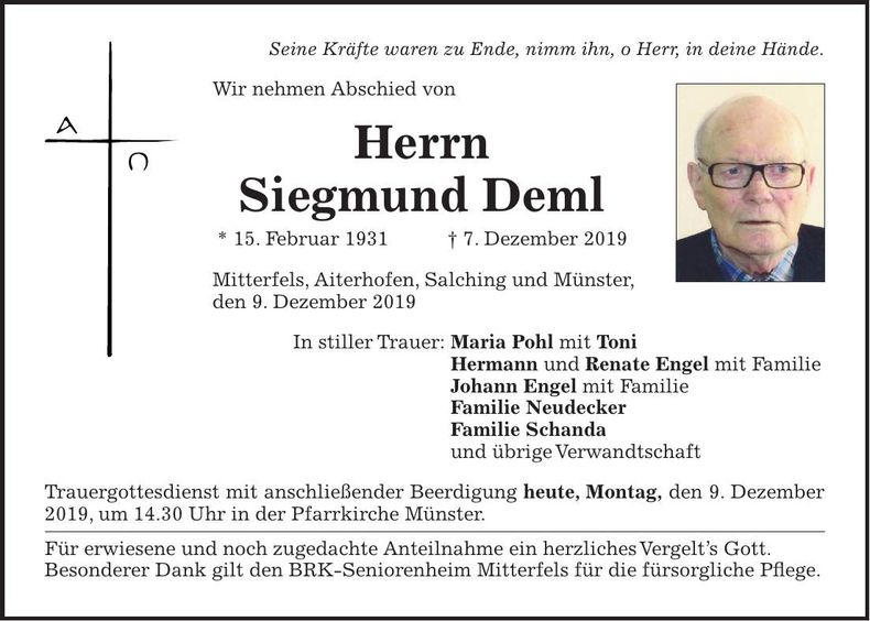 Traueranzeige Siegmund Deml