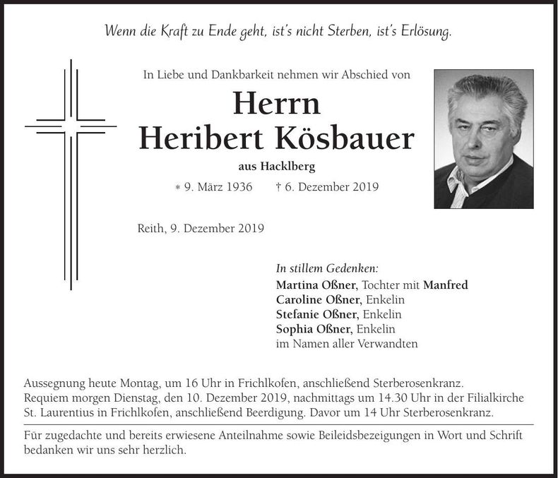 Traueranzeige Heribert Kösbauer