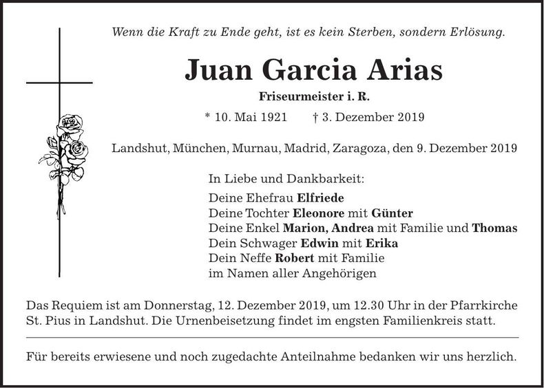 Traueranzeige Juan Garcia Arias
