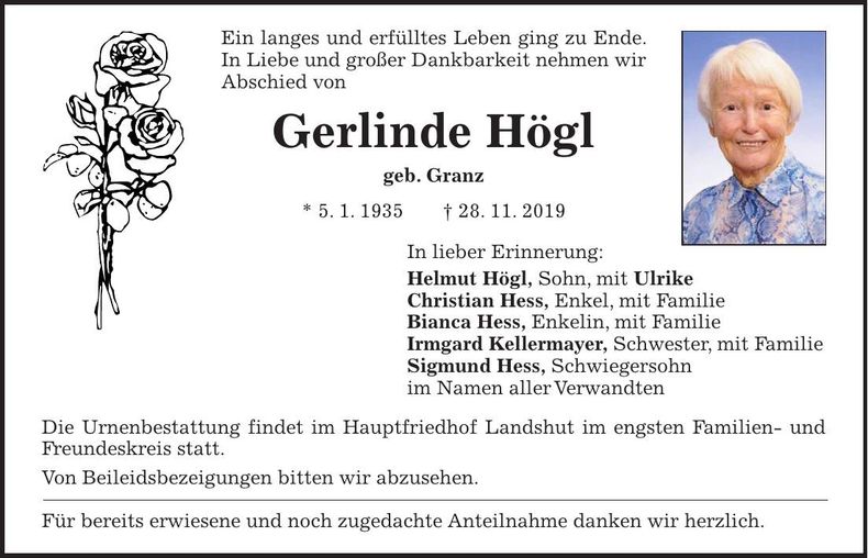 Traueranzeige Gerlinde Högl