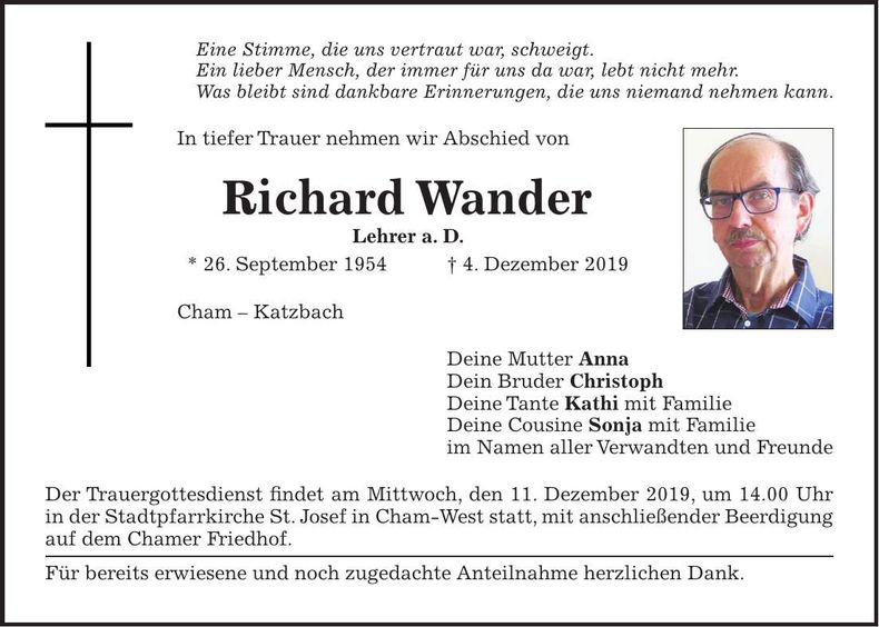 Traueranzeige Richard Wander
