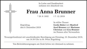 Traueranzeige Anna Brunner