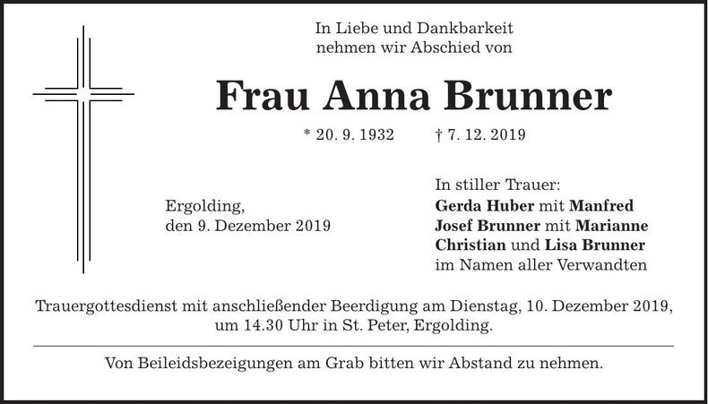 Traueranzeige Anna Brunner
