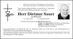 Traueranzeige Dietmar Sauer