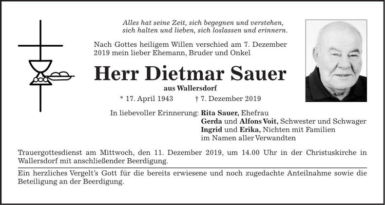 Traueranzeige Dietmar Sauer