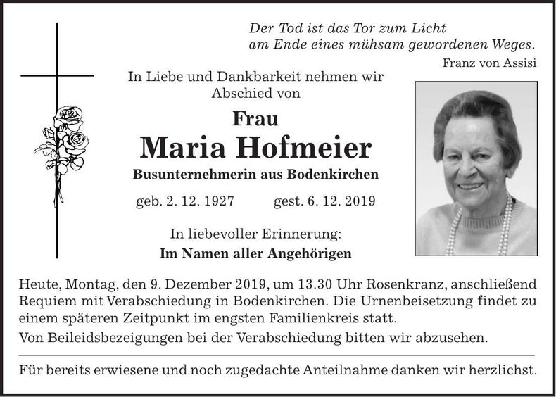 Traueranzeige Maria Hofmeier