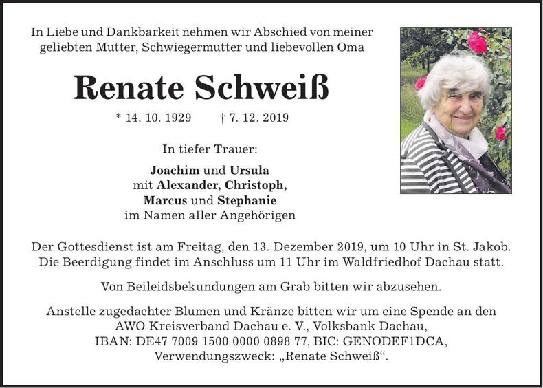 Traueranzeige Renate Schweiß